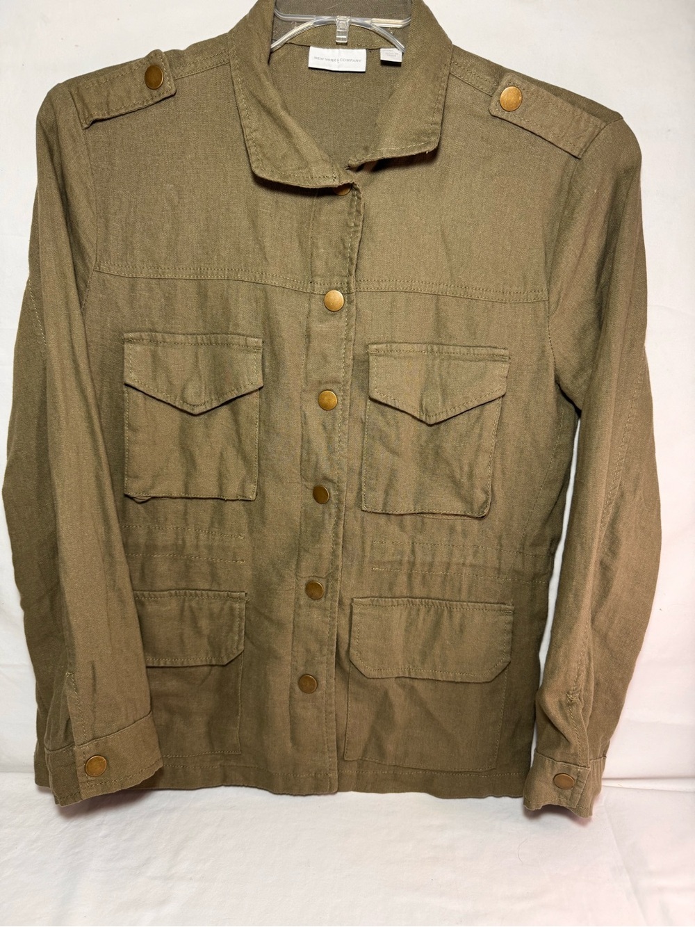 New York & Company Olive Green Utility Jacket with Brass Buttons